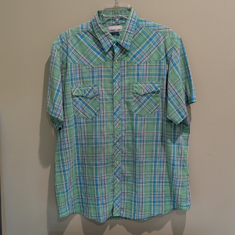 Wrangler Blue and Green Plaid Men's Shirt